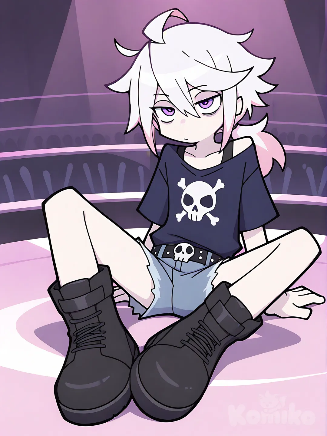 1boy, [minimalist-style] взрослый, белые волосы, завязанные в низкий хвост, со светло-пастельно-розовыми кончиками. растрëпанные волосы. Фиолетовые глаза. Очень светлая кожа. Свободная тëмно-синяя футболка с черепом. Короткие рваные джинсовые шорты с ремнëм с шипами. Массивные чёрные ботинки, на сцене