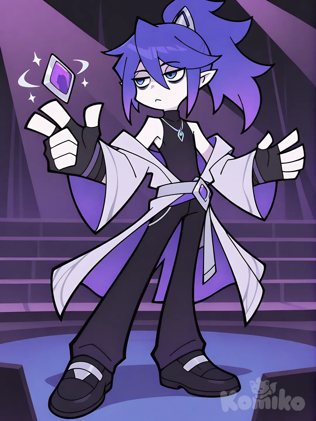 1 boy, [minimalist-style], взрослый, высокий, фиолетовые волосы с синими прядями, волосы завязаны в высокий пушистый хвост, синие глаза, заострённые уши, круги под глазами, чёрная майка с высоким воротом без рукавов, фиолетовые камни, серебрянные подвески, сверху расстегнутая фиолетовая кофта с широкими рукавами, чёрные облегающие брюки, чёрные перчатки, у одной перчатки заострены пальцы, вторая перчатка без пальцев, мужские туфли, спокойное лицо, бледная кожа, стоит на сцене.