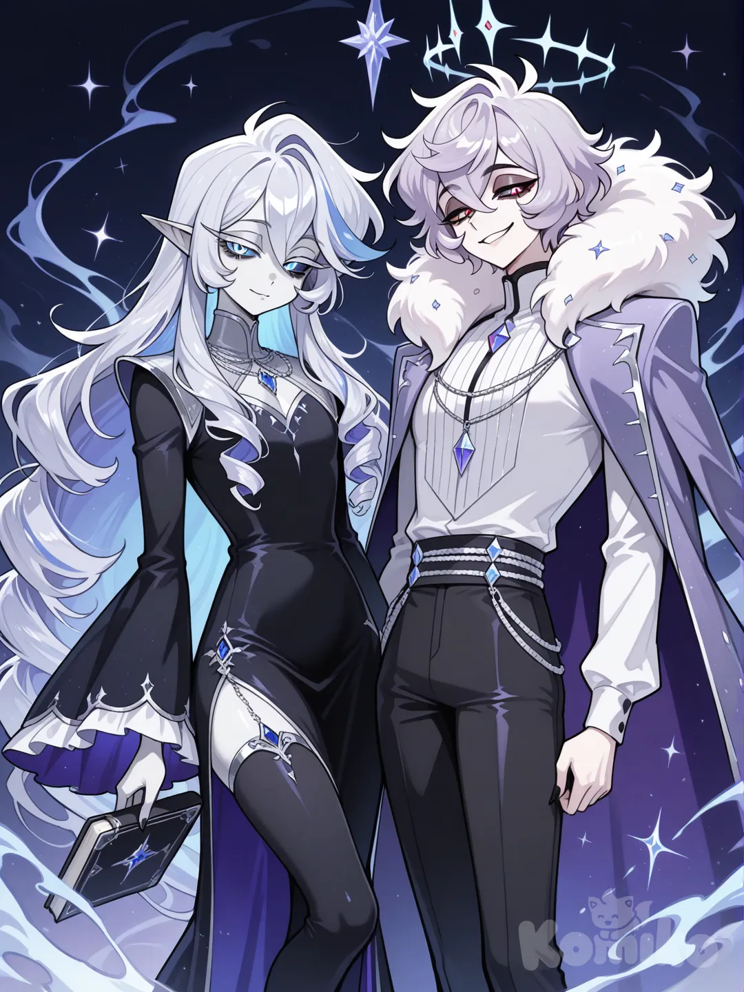 1 boy, парень взрослый, высокий, светлая кожа, правая рука состоит из плотного голубого дыма, левый глаз бледо-голубого цвета с голубоватым белком, радужка правого глаза синяя с серебрянной окантовкой, пушистые ресницы, бледно-фиолетовые волосы серебристыми прядями, заострённые уши, длинные пушистые волосы, взле шеи волосы сужаются потом расширяются и закручиваются на концах, кудрявая прядка у лица, над головой бледный серебристый нимб с кристаллами, белая лёгкая рубашка, сверху фиолетовая накидка с широкими рукавами, чёрные обтягивающие брюки, брюки расширяются на концах, чёрные мужские туфли с серебряной оконтовкой, серебрянные цепочки, кулон, вокруг читает лёгкий голубо-серебрянный туман, на бедре тёмно-серая книга, книга закована золотыми цепями, смотрит с подозрением на Алостора, Алостор ему насмешливо улыбается, @Alastor_The_Radio_Demon