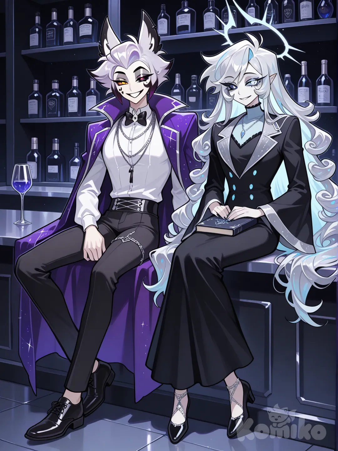 1 boy, @Husk, парень взрослый, высокий, светлая кожа, правая рука состоит из плотного голубого дыма, левый глаз бледо-голубого цвета с голубоватым белком, радужка правого глаза синяя с серебрянной окантовкой, пушистые ресницы, бледно-фиолетовые волосы серебристыми прядями, заострённые уши, длинные пушистые волосы, взле шеи волосы сужаются потом расширяются и закручиваются на концах, кудрявая прядка у лица, над головой бледный серебристый нимб с кристаллами, белая лёгкая рубашка, сверху фиолетовая накидка с широкими рукавами, чёрные обтягивающие брюки, брюки расширяются на концах, чёрные мужские туфли с серебряной оконтовкой, серебрянные цепочки, кулон, вокруг читает лёгкий голубо-серебрянный туман, на бедре тёмно-серая книга, книга закована золотыми цепями, сидит перед Хаском у барменской стойки, Хаск ему улыбается.