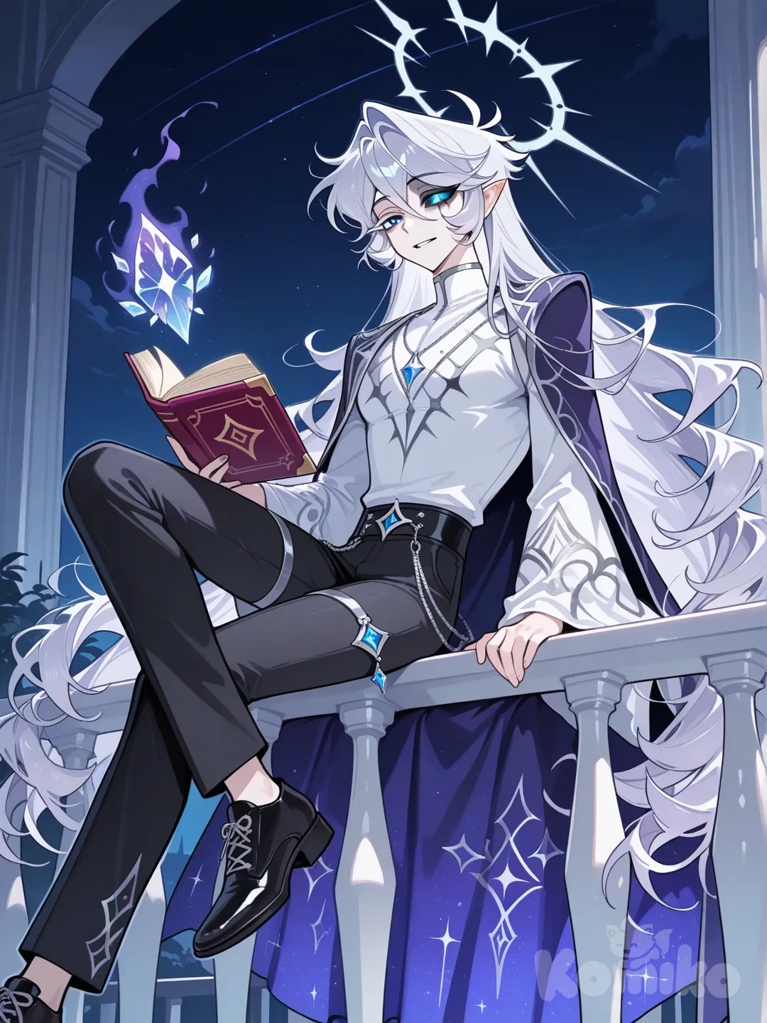 1 boy, Отель Хазбин, парень взрослый, высокий, светлая кожа, правая рука состоит из плотного голубого дыма, левый глаз бледо-голубого цвета с голубоватым белком, радужка правого глаза синяя с серебрянной окантовкой, пушистые ресницы, бледно-фиолетовые волосы серебристыми прядями, заострённые уши, длинные пушистые волосы, взле шеи волосы сужаются потом расширяются и закручиваются на концах, кудрявая прядка у лица, над головой бледный серебристый нимб с кристаллами, белая лёгкая рубашка, сверху фиолетовая накидка с широкими рукавами, чёрные обтягивающие брюки, брюки расширяются на концах, чёрные мужские туфли с серебряной оконтовкой, серебрянные цепочки, кулон, вокруг читает лёгкий голубо-серебрянный туман, на бедре тёмно-серая книга, книга закована золотыми цепями, смотрит на небо на балконе отеля.
