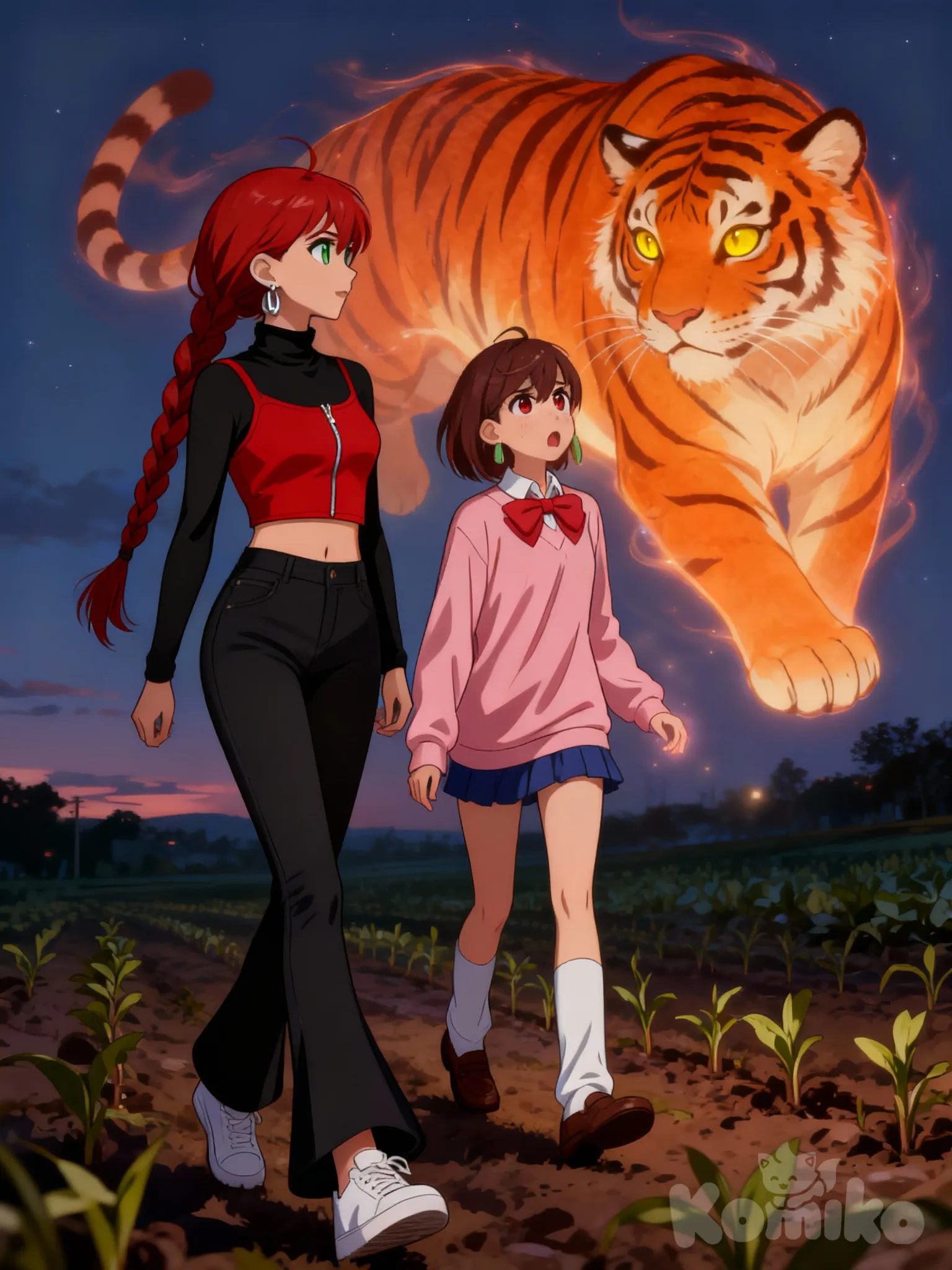 2 gerls, @Momo_Ayase, девушка высокая, худая, зелёные глаза, рыжие волосы, длинные волосы, заплетены в длинную косу, серебрянные серёжки, чёрная водолазка с высоким горлом и длинными рукавами, красная кофта на молнии, короткая кофта, растешнутя кофта, чёрные джинсы в обтяжку, внизу джинсы расширяются, белые кросовки, оглядывается на Момо, удивлённое выражение лица, рядом идёт дух большого ораньжевого тигра с жёлтыми глазами, тигр оборачивается на Момо, Момо обеспокоенно смотрит на дух тигра, вечер, от тигра исходит слабое сияние, поле с саженцами.