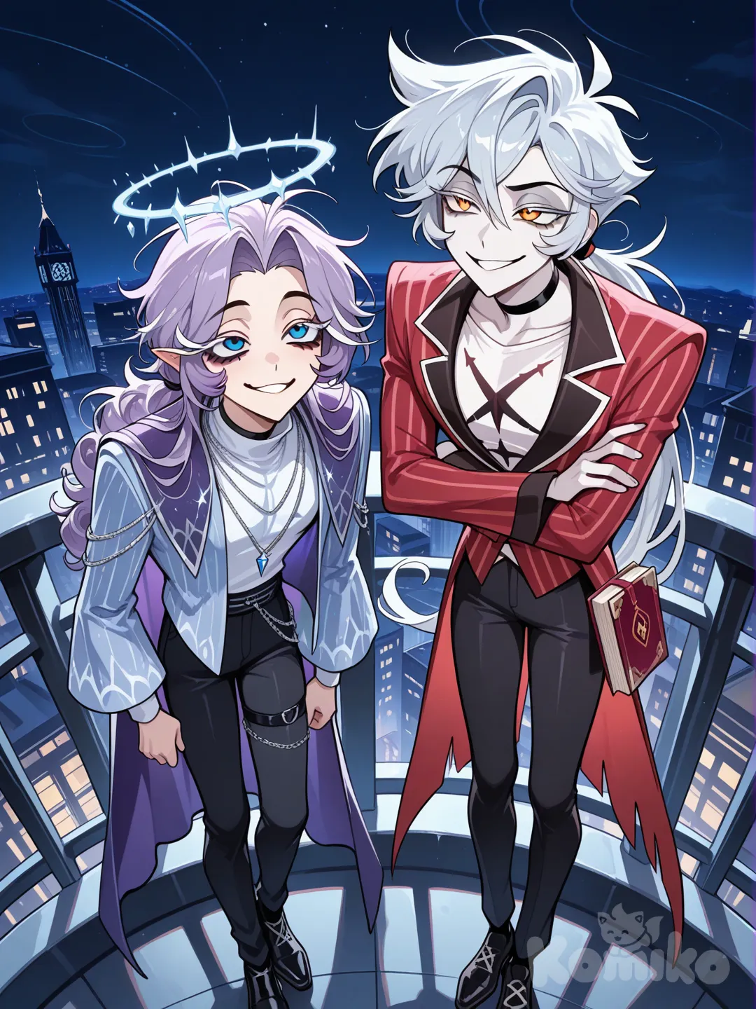 2 boys, Отель Хазбин, первый парень взрослый, персонаж имеет тонкое лицо с заостренным подбородком и длинной тонкой шеей, 
подчеркнутой черным чокером. У него очень выразительная, хитрая и игривая улыбка. Глаза большие, с оранжево-желтым оттенком радужки. Волосы светлые (почти белые или очень светло-серые), короткие, слегка растрепанные, собранные в небольшой хвостик. Стиль прически придает образу немного озорной вид. Персонаж одет в жакет, с полосатым узором, чередующий темно-бордовый и Светло-бордовый. Под пиджаком видна белая футболка. Слегка наклонившись вперед. Руки Сложены на груди. Второй парень Отель Хазбин взрослый, высокий, светлая кожа, правая рука состоит из плотного голубого дыма, левый глаз бледо-голубого цвета с голубоватым белком, радужка правого глаза синяя с серебрянной окантовкой, пушистые ресницы, бледно-фиолетовые волосы серебристыми прядями, заострённые уши, длинные пушистые волосы, взле шеи волосы сужаются потом расширяются и закручиваются на концах, кудрявая прядка у лица, над головой бледный серебристый нимб с кристаллами, белая лёгкая рубашка, сверху фиолетовая накидка с широкими рукавами, чёрные обтягивающие брюки, брюки расширяются на концах, чёрные мужские туфли с серебряной оконтовкой, серебрянные цепочки, кулон, вокруг читает лёгкий голубо-серебрянный туман, на бедре тёмно-серая книга, книга закована золотыми цепями, смотрит на небо на балконе отеля. Стоят рядом.