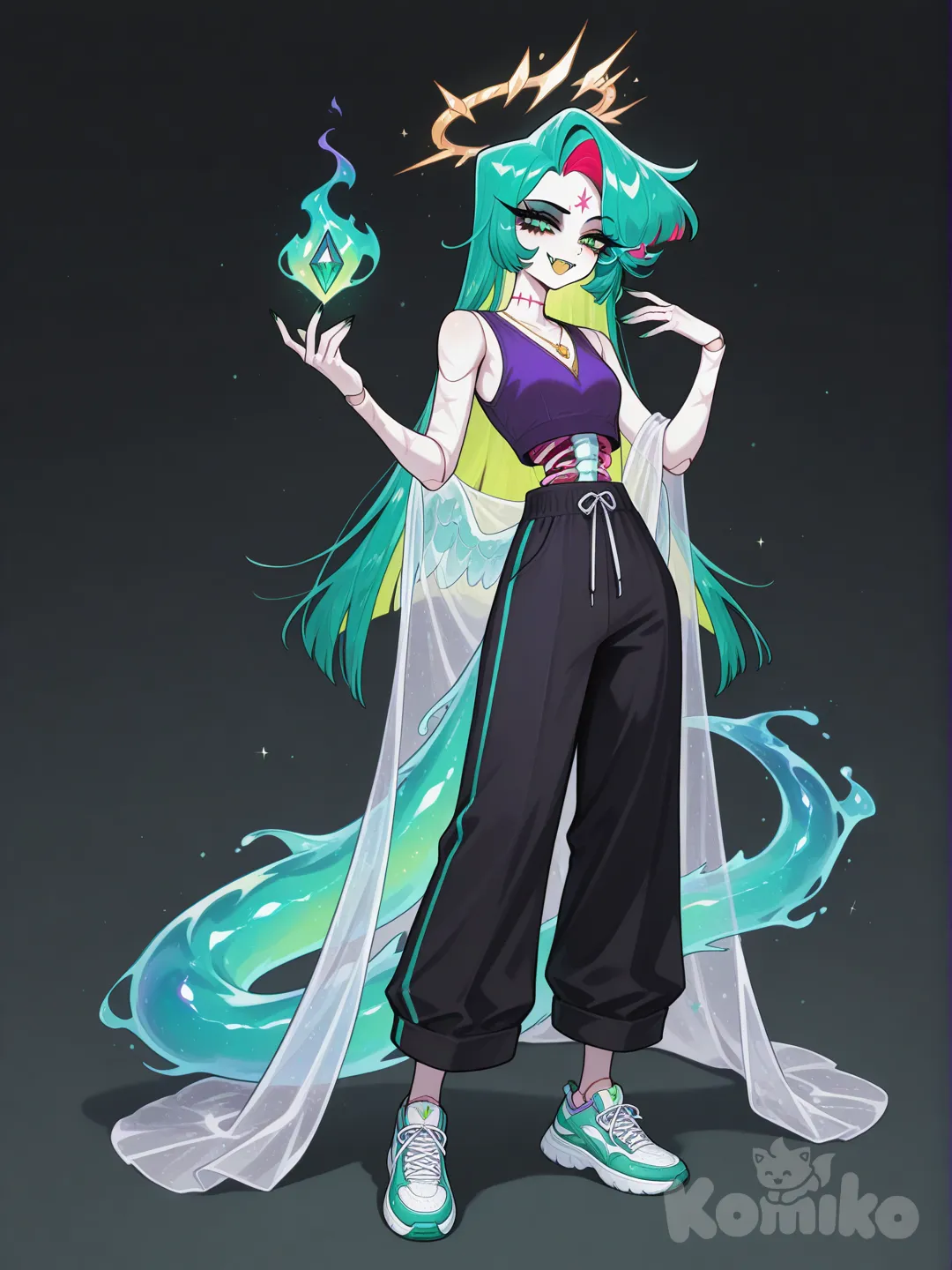 1girl, Hazbin Hotel style character, full body shot. Female character "Nika Teller". 24 years old, tall and slender build. Her body is ethereal, made of translucent, swirling smoke, through which the delicate outlines of her spine and ribs are subtly visible. Certain body parts (joints, parts of limbs) are made of faceted, iridescent precious gems that shimmer with various colors. Pale skin. Bright green, luminous eyes with long, fluffy eyelashes. Sharp, subtle fangs visible. Fiery red, floor-length hair, straight with elegantly curling ends. A delicate, sparkling golden halo hovers above her head. Delicate, feathered ear adornments (or small stylized feather-wings near temples) blend into her hair. A golden, eye-like symbol on her forehead, faintly glowing. A thin silver scar on the nape of her neck.
She wears a tight-fitting, high-necked sleeveless purple top, and black form-fitting pants that flare slightly at the bottom. A light, transparent, flowing cloak or cape drapes over her shoulders. Modern sneakers on her feet. A golden pendant hangs around her neck, depicted with a subtle glow that shifts in color (e.g., green for contentment, red for subtle annoyance). Silver wave-like patterns adorn her hands and feet. She has a long, graceful tail made entirely of transparent, multifaceted precious gems, shimmering with light.
Pose: Standing calmly but attentively, perhaps with one hand slightly raised in thought or a gentle gesture. Expression: Observant, intelligent, with a hint of gentle wisdom and perhaps a touch of melancholic resolve. Background: Simple, ethereal, misty, hinting at Limbus, Hazbin Hotel aesthetic