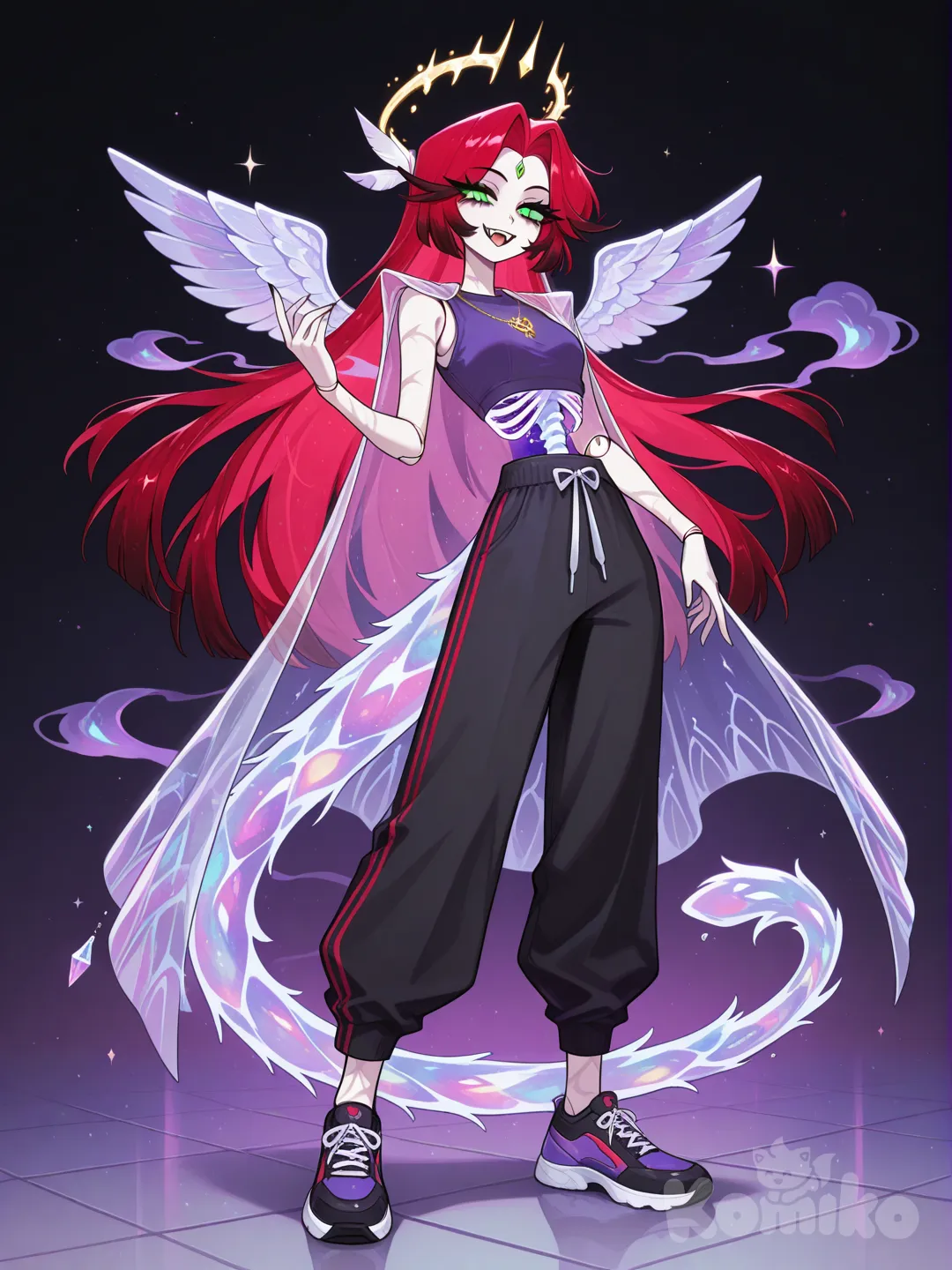 1girl, Hazbin Hotel style character, full body shot. Female character "Nika Teller". 24 years old, tall and slender build. Her body is ethereal, made of translucent, swirling smoke, through which the delicate outlines of her spine and ribs are subtly visible. Certain body parts (joints, parts of limbs) are made of faceted, iridescent precious gems that shimmer with various colors. Pale skin. Bright green, luminous eyes with long, fluffy eyelashes. Sharp, subtle fangs visible. Fiery red, floor-length hair, straight with elegantly curling ends. A delicate, sparkling golden halo hovers above her head. Delicate, feathered ear adornments (or small stylized feather-wings near temples) blend into her hair. A golden, eye-like symbol on her forehead, faintly glowing. A thin silver scar on the nape of her neck.
She wears a tight-fitting, high-necked sleeveless purple top, and black form-fitting pants that flare slightly at the bottom. A light, transparent, flowing cloak or cape drapes over her shoulders. Modern sneakers on her feet. A golden pendant hangs around her neck, depicted with a subtle glow that shifts in color (e.g., green for contentment, red for subtle annoyance). Silver wave-like patterns adorn her hands and feet. She has a long, graceful tail made entirely of transparent, multifaceted precious gems, shimmering with light.
Pose: Standing calmly but attentively, perhaps with one hand slightly raised in thought or a gentle gesture. Expression: Observant, intelligent, with a hint of gentle wisdom and perhaps a touch of melancholic resolve. Background: Simple, ethereal, misty, hinting at Limbus, Hazbin Hotel aesthetic