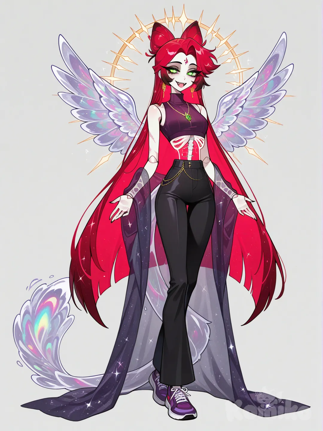 1girl, Hazbin Hotel style character, full body shot. Female character "Nika Teller". 24 years old, tall and slender build. Her body is ethereal, made of translucent, swirling smoke, through which the delicate outlines of her spine and ribs are subtly visible. Certain body parts (joints, parts of limbs) are made of faceted, iridescent precious gems that shimmer with various colors. Pale skin. Bright green, luminous eyes with long, fluffy eyelashes. Sharp, subtle fangs visible. Fiery red, floor-length hair, straight with elegantly curling ends. A delicate, sparkling golden halo hovers above her head. Delicate, feathered ear adornments (or small stylized feather-wings near temples) blend into her hair. A golden, eye-like symbol on her forehead, faintly glowing. A thin silver scar on the nape of her neck.
She wears a tight-fitting, high-necked sleeveless purple top, and black form-fitting pants that flare slightly at the bottom. A light, transparent, flowing cloak or cape drapes over her shoulders. Modern sneakers on her feet. A golden pendant hangs around her neck, depicted with a subtle glow that shifts in color (e.g., green for contentment, red for subtle annoyance). Silver wave-like patterns adorn her hands and feet. She has a long, graceful tail made entirely of transparent, multifaceted precious gems, shimmering with light.
Pose: Standing calmly but attentively, perhaps with one hand slightly raised in thought or a gentle gesture. Expression: Observant, intelligent, with a hint of gentle wisdom and perhaps a touch of melancholic resolve. Background: Simple, ethereal, misty, hinting at Limbus, Hazbin Hotel aesthetic