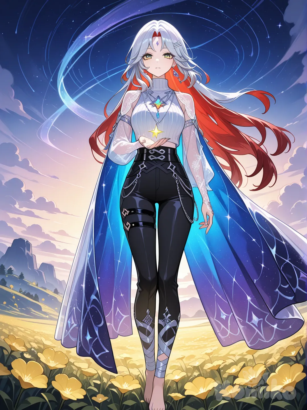 (Genshin_Impact), 1girl, высокая, взрослая, худая, длинные рыжие волосы с эфирными прядями, волосы развиваются на ветру, в волосах серебрянные цепочки из прозрачных камней, серебрянная заколка, яркие зелене глаза с эфирными переливами, эфирная водолазка без рукавов с высоким горлом, чёрные обтягивающие брюки с разширенным низом клеш, у брюк есть прорези через которые видно белые прозрачные кружева, босая, нога обвязана эфирной лёгкой тканью, на брюках украшение в виде переливающегося всеми цветами камня, на предплечьях висит длинная полупрозрачная лёгкая накидка в виде звёздного неба, на руках узорчатые символы эфирные, символы розового фмолетового голубого и жёлтого цвета, на пальцах прозрачные кольца, аккуратные длинные ногти, на руках тоже видны маленькие эфирные камушки, на шее серебрянный кулон в форме голубо-розовой звезды, серебрянные длинные серёжки, пушистые ресницы, на лбу след закрытого глаза, эфирные блёстки возле глаз, стоит на поляне жёлтых цветов в Нод Крае и смотрит на восход солнца, на небе осталась тусклая луна.