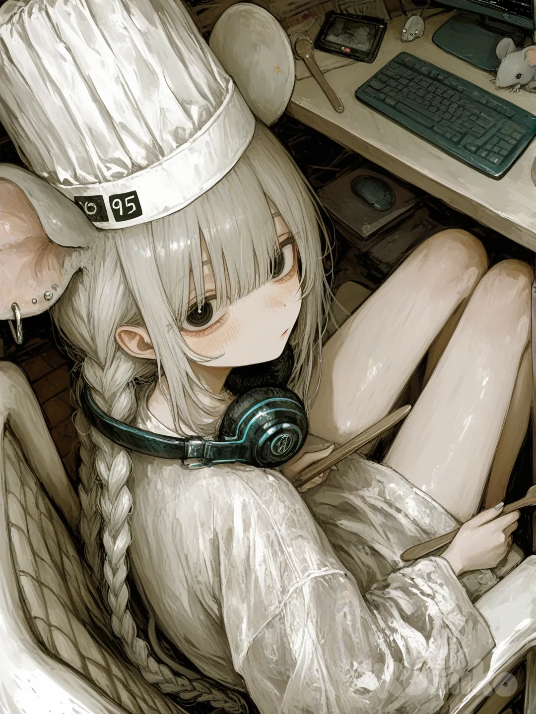1girl‚ белые волосы, длинные волосы ниже поясницы, волосы заплетены в два круга из косичек, чёрные глаза, бледная кожа, низкая, взрослая, худая, плоская грудь, серебрянные небольшие серёжки, серые ушки мыши, серый мышиный хвостик, серая свободная туника до колен, низ туники из материала-сетки, на тунике цифра 95, ноги голые, аккуратно подстриженные ногти, сидит за компьютером в белом кресле, сидит с зодранными коленями, на шее чёрные наушники, вид немного сбоку сверху, девушка отвлеклись смотрит вверх на зрителя, на голове белый колпак повора, в руке деревянная ложка., [sweet-painting-style]