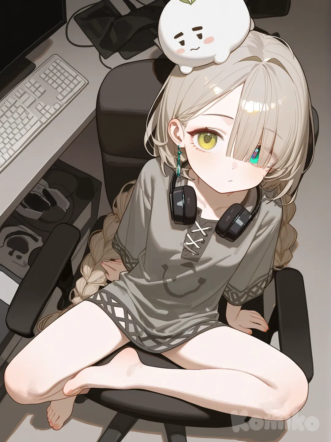 1girl, [lacquered-illustration-style], светло-русые волосы, длинные волосы ниже поясницы, волосы заплетены в длинную косу, зелено-серые глаза с карим пятнышком, бледная кожа, серебрянные небольшие серёжки, серая свободная туника до колен, низ туники из материала-сетки, на тунике цифра 95, ноги голые, аккуратно подстриженные ногти, сидит за компьютером в белом кресле, сидит с зодранными коленями, на голове чёрные наушники, вид немного сбоку сверху, девушка отвлеклись смотрит вверх на зрителя.
