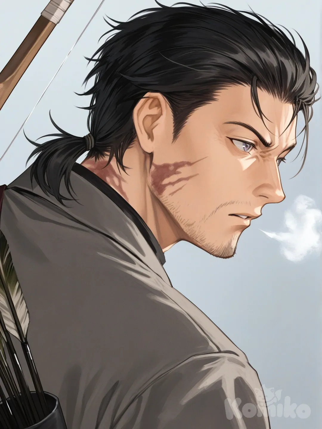 1boy, мужчина 55 лет, высокий, широкие плечи, продавец, чёрные уложенные волосы с низким небольшим хвостиком, небольшая щитина, серые внимательные глаза, светлая кожа, немного подгоревшая одежда, ожог на щеке, хобби нетрадиционная медицина, не чувствует запахов, подходит с зади и дышит, есть лук и стрелы, на нём чёрная обтягивающая футболка, немного порванные джинсы, кросовки, серая куртка, имеет громкий голос. , [serious-man-style]