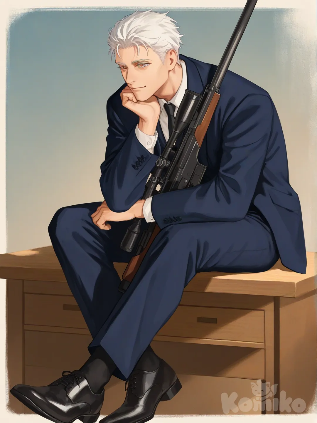 1boy, [serious-man-style], мужчина 65 лет, судья, игровая зависимость, хобби медитация, запустил IT- стартап, снайперская винтовка, молодо выглядит, высокий, темно синий костюм судьи, без морщин, без бороды и усов, черные мужские туфли, брюки, белые волосы, карие глаза, спокойное выражение лица, сидит за деревянным столомбор