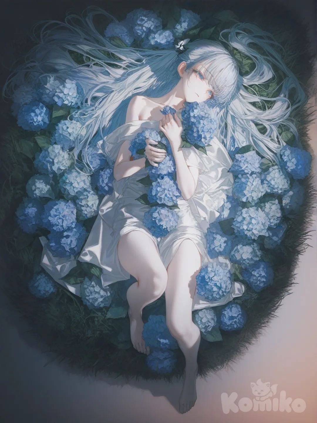 1girl, девушка 17 лет, высокая, худая, бледная кожа, голубая гортензия, нежные голобые глаза, длинные прямое волосы, нежно голубые волосы, всё тело усыпано цветами гортензии, лежит на подстриженной зелёной траве, вокруг неё кусты, всё тело усыпано цветами гортензии, нет одежды, накинута тонкая белая ткань, девушка держит в одной руке гартензию, полуприкрытые глаза, густые ресницы, сумерки, вид сверху, голова немного наклонена набок, аккуратная поза во весь рост, нежная, спокойная, безмятежная. , [soft-light-illustration-style]