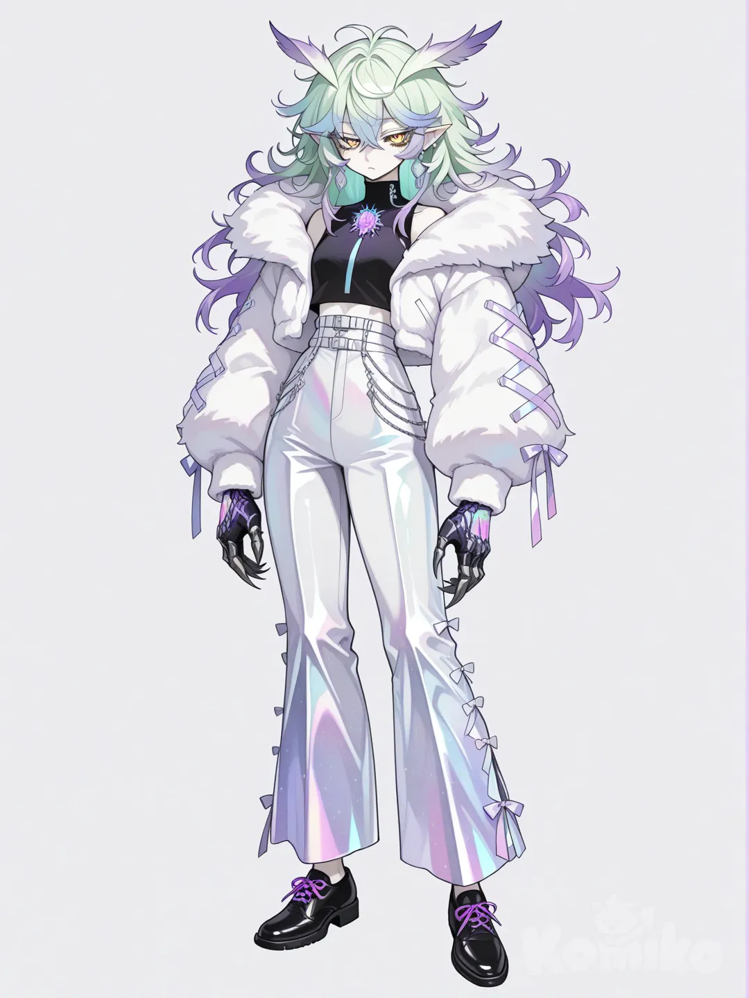 1 gerl, взрослая, высакая, худая, стройная, неоновые фиолетовые волосы с яркими бледными салатовыми кончиками, яркие жёлтые глаза, пушистые ресницы, глаза немного сужаны, густые растрёпанные волосы, заострённые уши с фиолетовыми перьями на концах, бледная кожа, мешки под глазами, короткая белая шубка с длинными рукавами и неоновыми лентами, на пальцах железные совиные когти, серебрянные серёжки с эфирным камнем, чёрная водолазка без рукавов с высоким горлышком с металлическим переливом, белые брюки клеш с неоновыми переливами, чёрные туфли, во весь рост