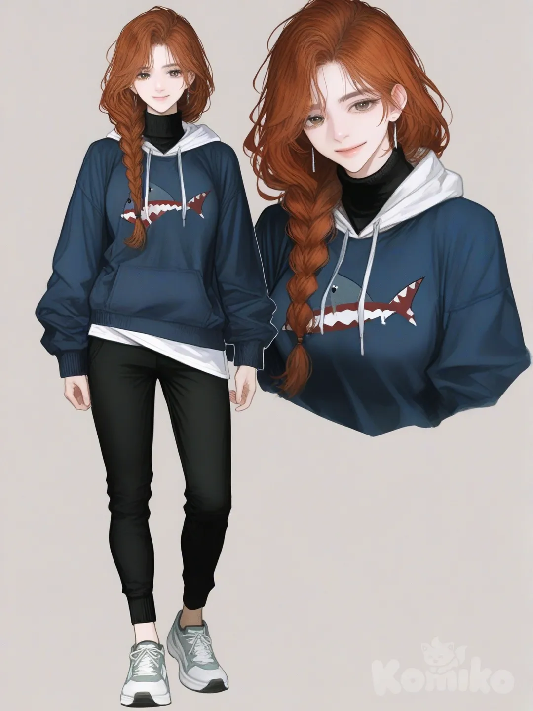 1 gerl, взослая, высокая, 30 лет, медного цвета волосы, длинные волосы, волосы заплетены в небольшую косу до бёдра, коса лежит на левом плече, светлая кожа, серо-зелёные глаза, нос с небольшой горбинкой, серебрянные небольшие серёжки, фиолетовая водолазка без рукавов с высоким горлышком, голубая кофта с расстёгнутой молнией, на кофте силуэт акулы, чёрные спортивные штаны, кросовки, во весь рост, спокойное выражение лица, лёгкая уыбка, [semi-realistic-portrait-style]