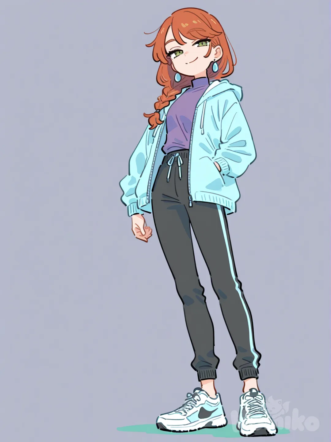 1 gerl, взослая, высокая, 30 лет, медного цвета волосы, длинные волосы, волосы заплетены в небольшую косу до бёдра, коса лежит на левом плече, светлая кожа, серо-зелёные глаза, серебрянные небольшие серёжки, фиолетовая водолазка без рукавов с высоким горлышком, голубая кофта с расстёгнутой молнией, на кофте силуэт акулы, чёрные спортивные штаны, кросовки, во весь рост, спокойное выражение лица, лёгкая уыбка, [flat-pastel-style]