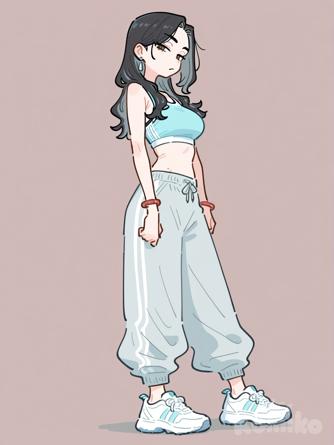[flat-pastel-style], 1girl, взрослая, 30 лет, средний рост, чёрные волосы, густые волосы, пышные волосы, волосы до лопаток, тёмные глаза, карие глаза, бледная кожа, родинки на левой щеке, серебрянные серёжки маленькие, спортивная одежда, серые мешковатые штаны, голубой топ, белые кроссовки, красный браслет, во весь рост.