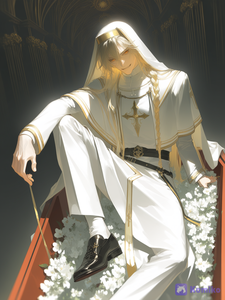 [aqua-dreamlight-style]smirk, top viewing angle, looking at the viewer, man, tall, light-colored hair, blond, long hair, hair braided, orange eyes, slender body, sharp features, in priest's ments, white clothes, clothes with gold elements, in a cathedral, against the background of frescoes, sitting on a coffin, white flowers near the coffin, one leg resting on the coffin, ethereal lighting