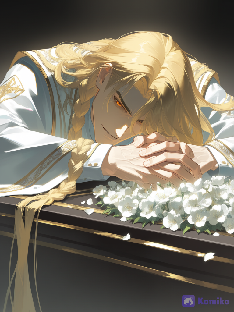 @samael-b0D0, [aqua-dreamlight-style], in white clothes, golden elements, leaning over the coffin, feigning grief, a barely noticeable smile, close-up, the coffin surrounded by white flowers, hands in a prayer gesture, rim light, ethereal lighting