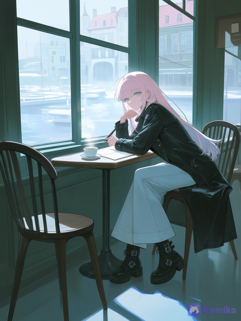 1girl, holding a pen, writing in a diary, sitting on a chair, leaning forward, pastel hair, long hair, hair, strands near the eyes, pale green eyes, long coat, black coat, leather coat, wide-leg pants, white, denim, combat boots, boots with buckles, ethereal lighting, edge light, upper body, cafe, window seat, cup of coffee on a table, view from the cafe window, view outside the window of a quiet alley, harbor, [faded-canvas-style]