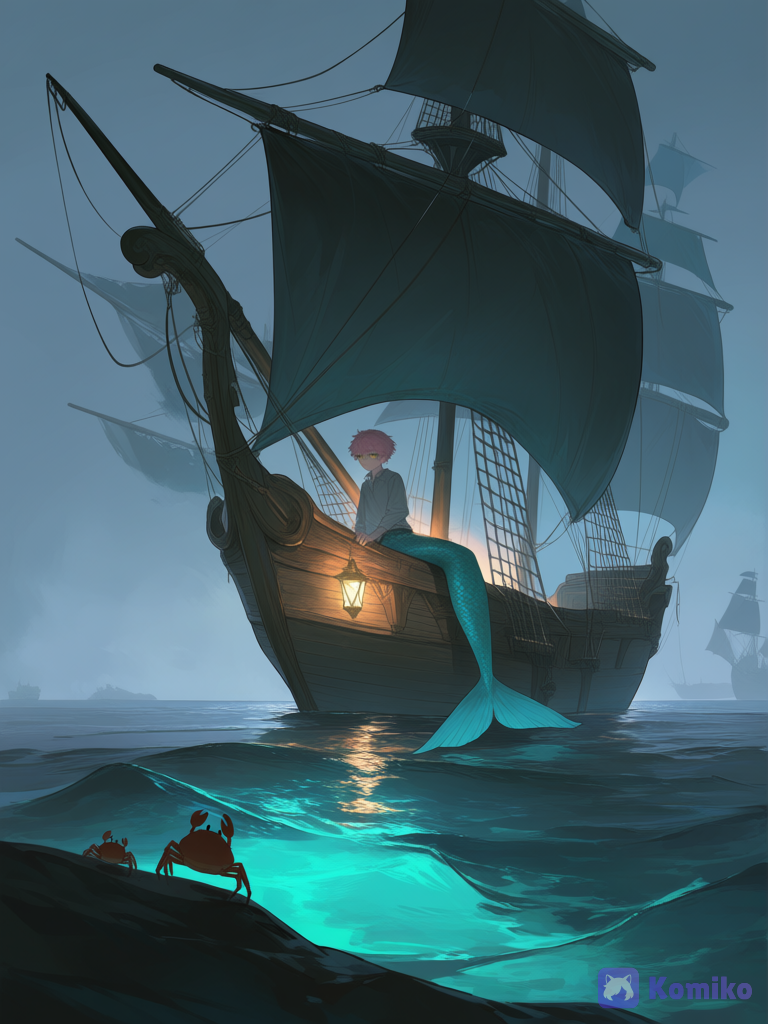 A medieval ship, a wooden vessel, huge sails, in the middle of the ocean, thick fog all around, in the fog, calm water surface, a mermaid looking at the ship, a young man with scales, emerald scales, an emerald fish tail, yellow eyes, a cat's eye pupil, looking with coldness, a silhouette of a girl with pink hair is visible on the crab, [faded-canvas-style], from below, rim light, 1boy, floating, expressionless, klein blue, gradient