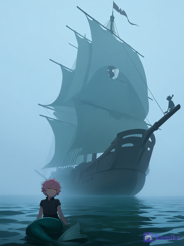 boy, in the water, emotionless, golden eyes, this hair, hair the color of the ocean, medieval ship, wooden vessel, huge sails, in the middle of the ocean, thick fog around, in the fog, calm surface of the water, mermaid looking at the ship, young man with scales, emerald scales, emerald fishtail, yellow eyes, cat's pupil, cold look, silhouette of a girl with pink hair visible on the crab, [faded canvas style], from below, contour light, no shore visible, ocean, fog