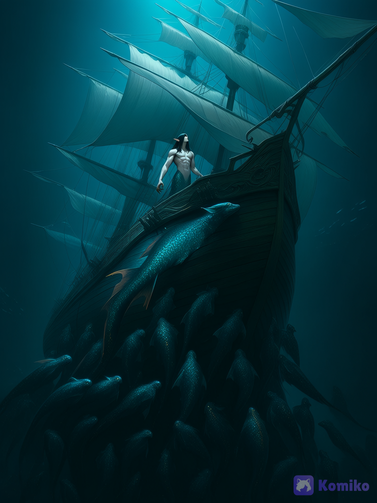 @abyss-XLmN, Looking at a ship, a giant ship, a merchant ship, a wooden ship, a large sail, white sails, dark wood, in the water, in the fog, thick fog, no shore visible, calm, many mermaids under the ship, golden eyes shining, depth of night, underwater, ocean