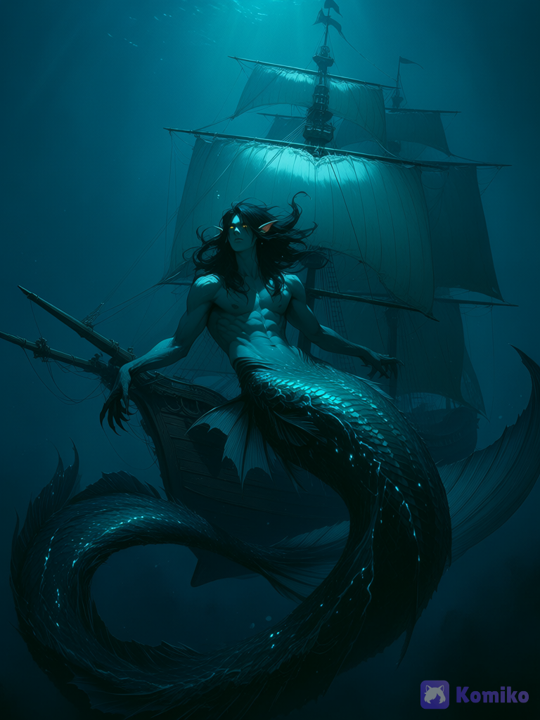@abyss-XLmN, Looking at a ship, a giant ship, a merchant ship, a wooden ship, a large sail, white sails, dark wood, in the water, in the fog, thick fog, no shore visible, calm, many mermaids under the ship, golden eyes shining, depth of night, ocean