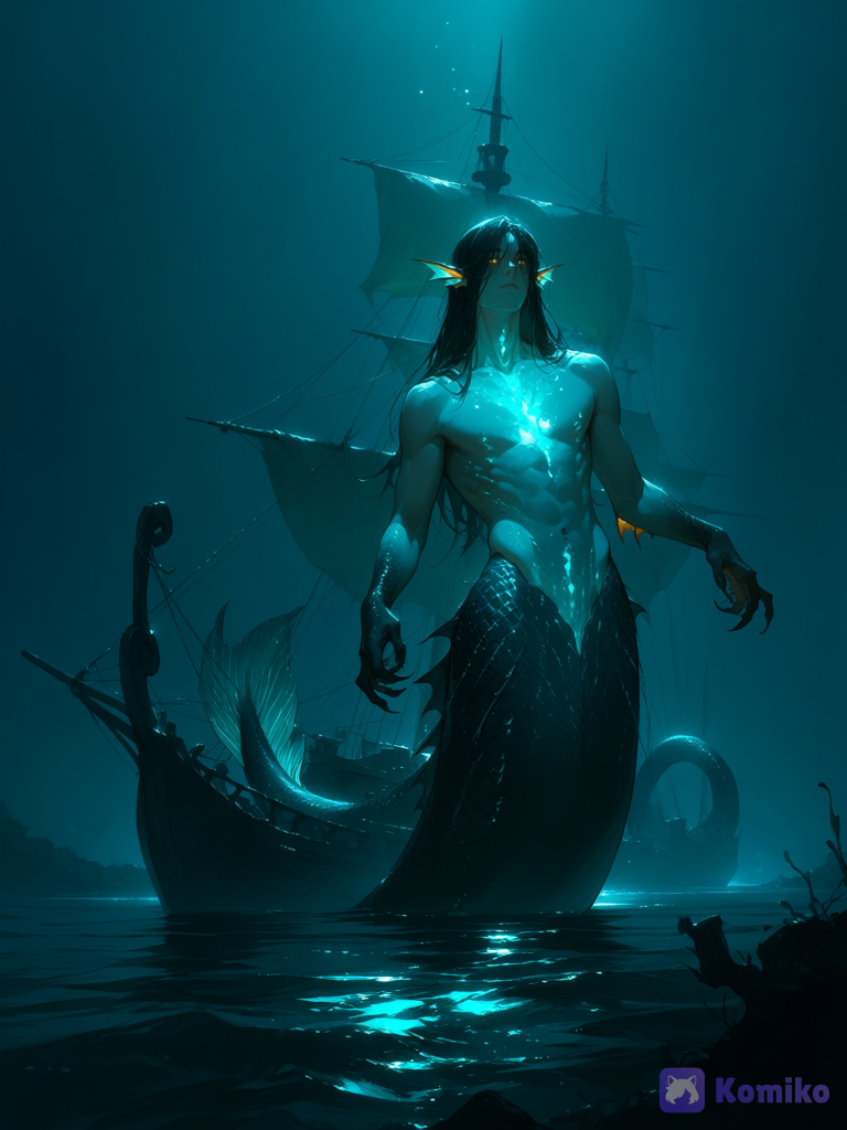 @abyss-XLmN, Looking at a ship, a giant ship, a merchant vessel, a wooden ship, a large sail, white sails, dark wood, a ship on the water, in the fog, thick fog, no shore visible, calm, golden eyes shining, a mermaid watching, night, flickering light, upper body, ambient light