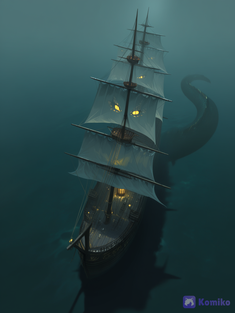 [aqua-dreamlight-style], [aqua-dreamlight-style], Ship, giant ship, merchant ship, wooden ship, large sail, white sails, dark wood, floating on water, in the fog, thick fog, shore not visible, shadow visible under ship, huge shadow, golden eyes of creature, horror, monster, under ship, golden eyes shining, depth, ocean, top view, monster under ship, scales
