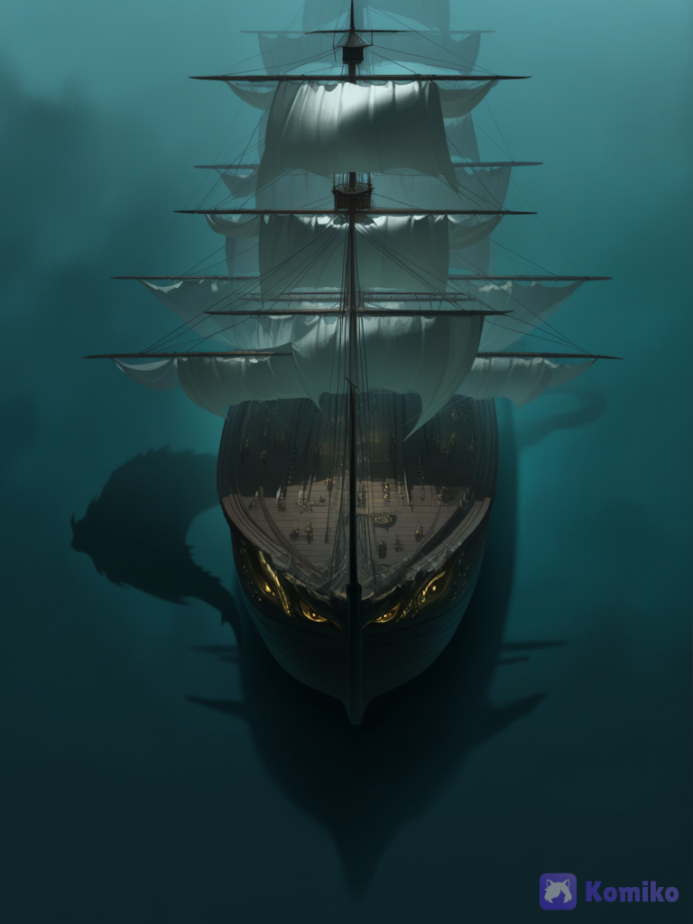 [aqua-dreamlight-style], Ship, giant ship, merchant ship, wooden ship, large sail, white sails, dark wood, floating on water, in fog, thick fog, no shore visible, shadow under ship, huge shadow, golden eyes, creature's eyes, horror, monster, monster under ship, golden eyes shining in water, depth, ocean, top view, monster under ship, scales