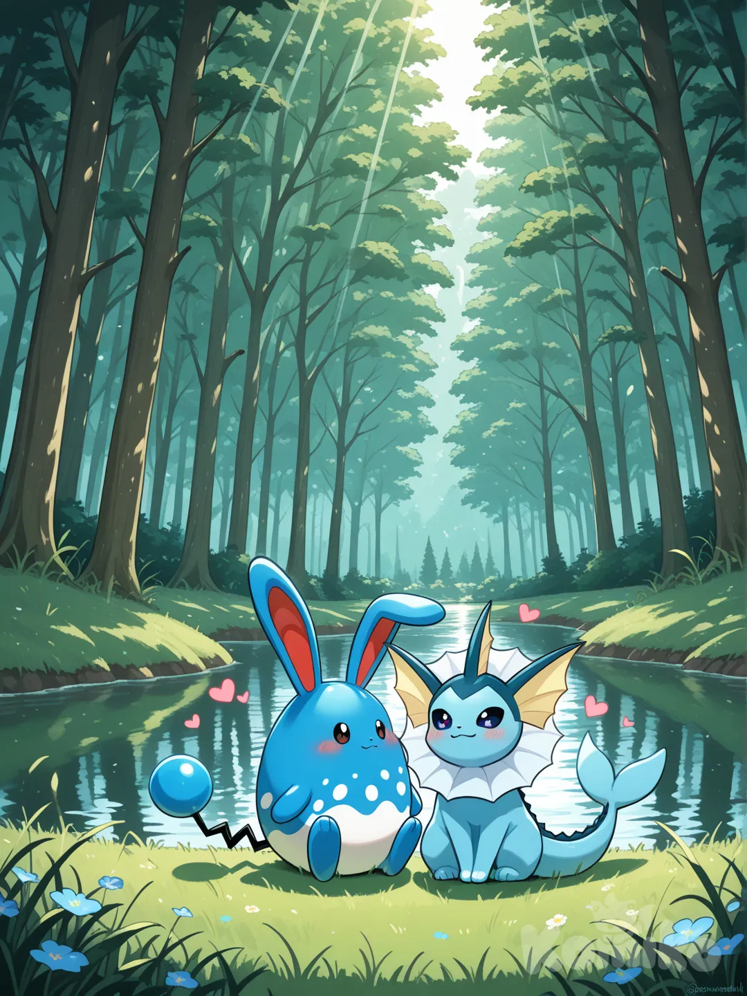 Dos Pokémon, un Azumarill y un Vaporeon, que estan sentados y enamorados, corazón pequeños de color azul, en un claro, cerca de un lago. Que tenga por escrito una frase "Me gustas Preciosota"