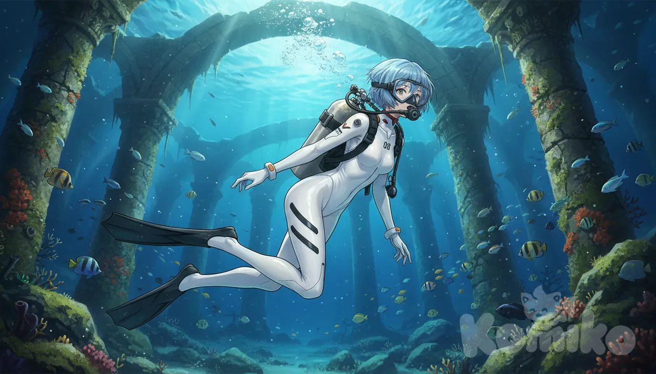 @Ayanami_Rei, white one-piece swimsuit, diving mask, diving regulator, scuba, scuba gear, scuba tank, flippers, underwater, swimming, ruins, air bubble, bubble, fish