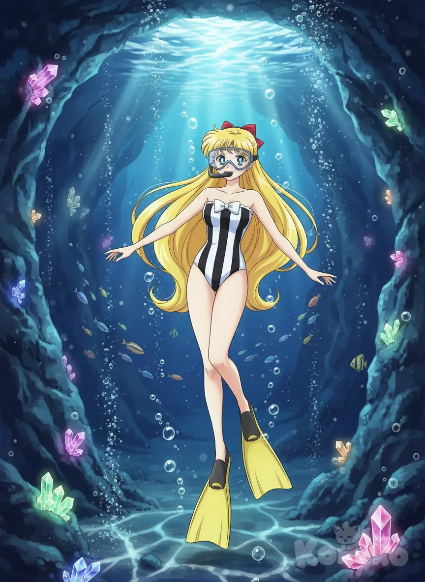 @Aino_Minako, black one-piece swimsuit, one-piece swimsuit, strapless one-piece swimsuit, vertical-striped clothes, two-tone one-piece swimsuit, white one-piece swimsuit, diving mask, re-breather in mouth, flippers, freediving, swimming, underwater, cave, bubble, air bubble, crystal, fish