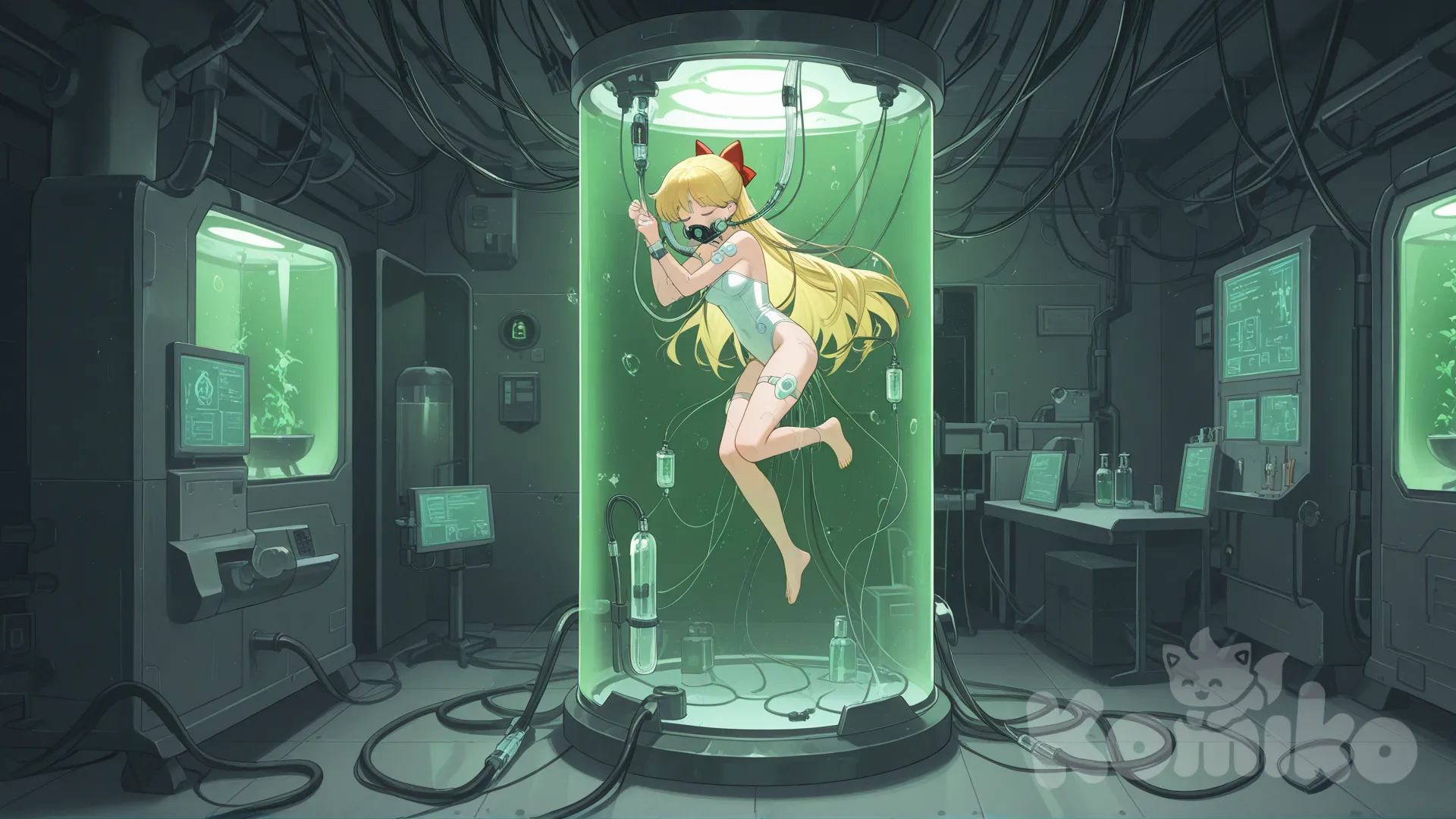 Aino Minako, 1girl, white leotard, strapless leotard, barefoot, laboratory, machine, machinery, in container, stasis tank, floating, suspended, oxygen mask attached to face, cable, tube, electrodes, closed eyes, sleeping