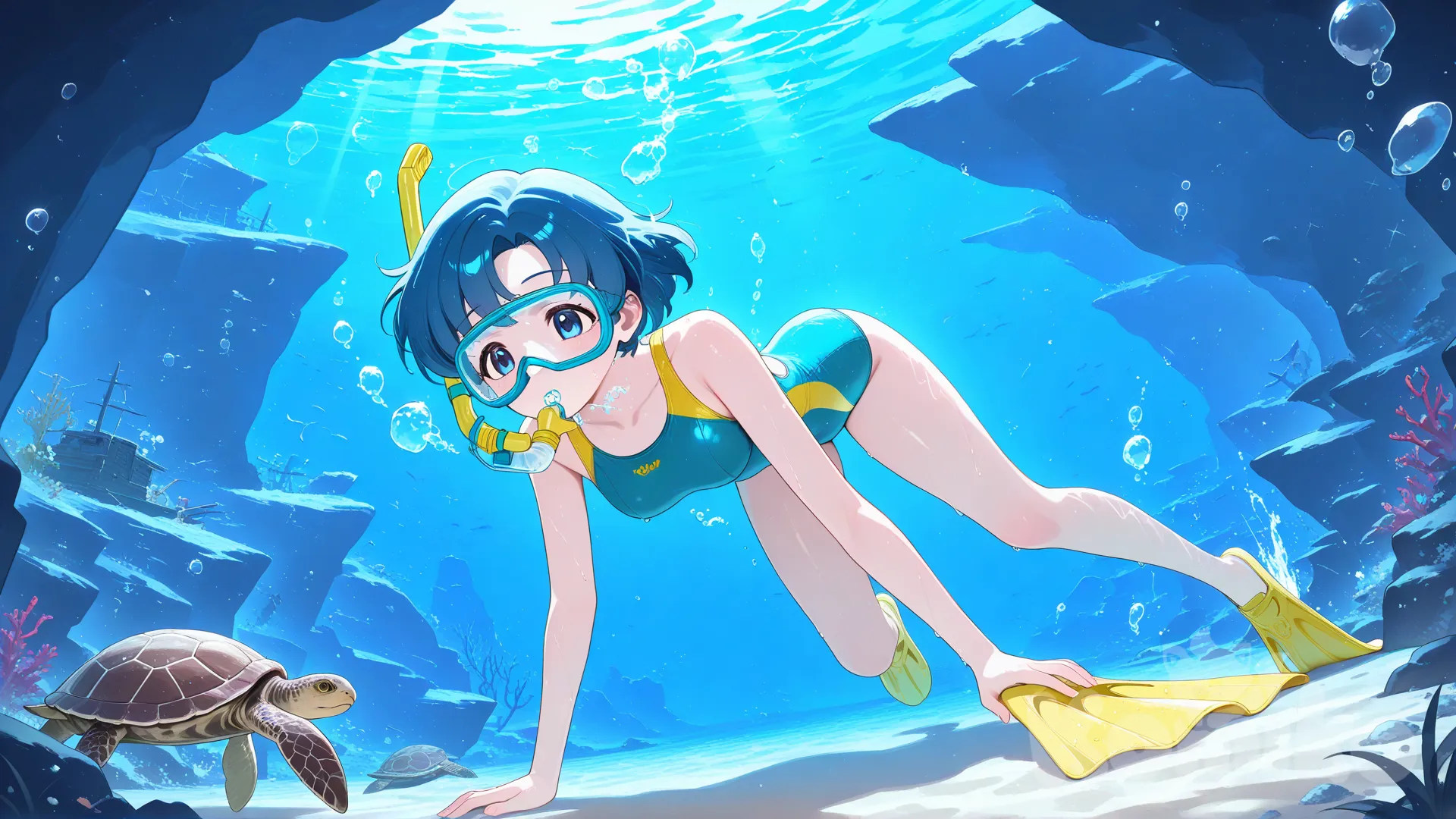 @Mizuno_Ami, one-piece swimsuit, casual one-piece swimsuit, aqua one-piece swimsuit, yellow trim, diving mask, snorkel in mouth, yellow flippers, swimming, underwater, cave, crystal, bubble, air bubble, sea turtle, shipwreck
