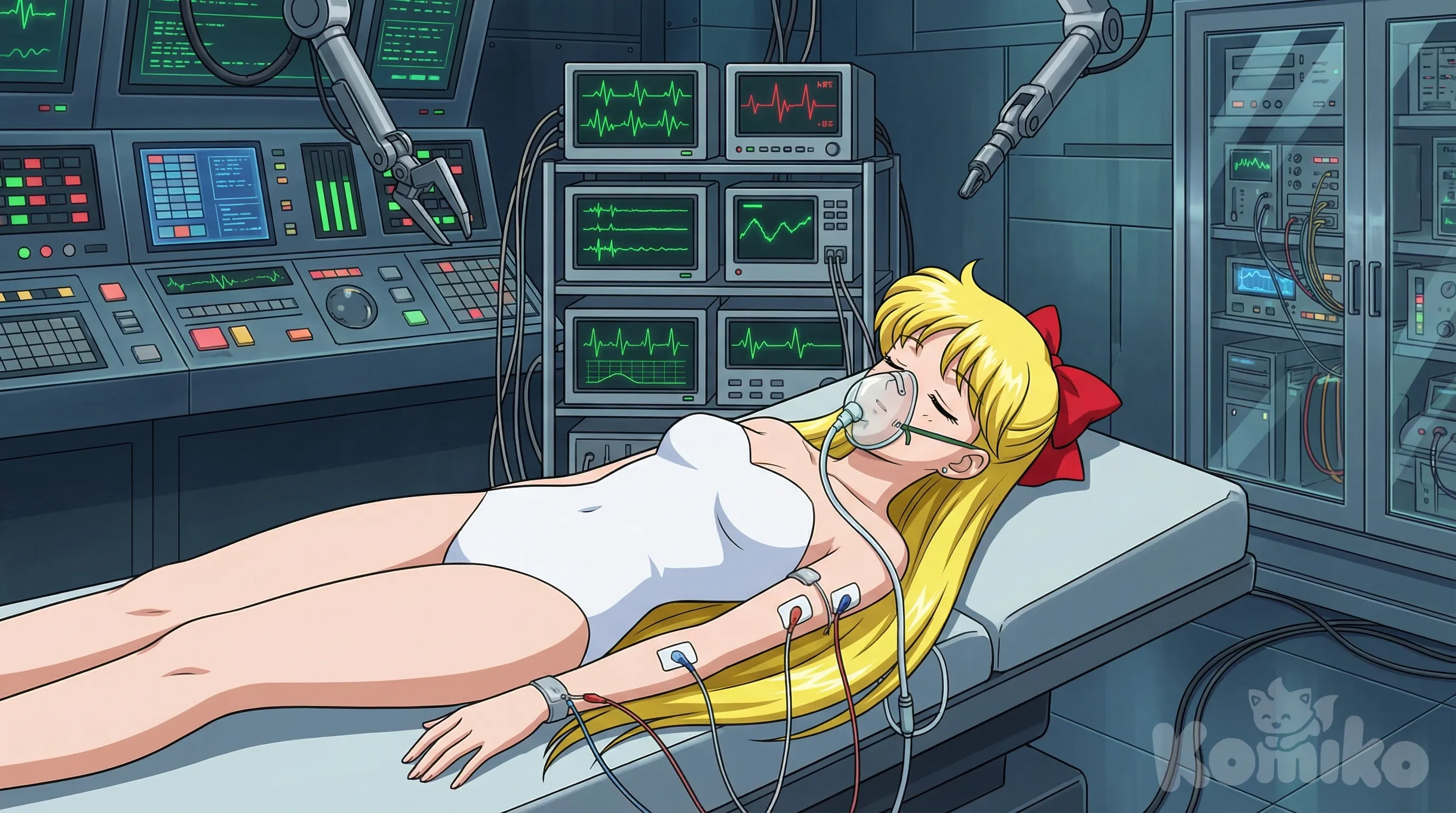 @Aino_Minako, one-piece swimsuit, white one-piece swimsuit, strapless one-piece swimsuit, laboratory, machine, machinery, laying down, immobilization, restrained, stationary restraints, tube, oxygen mask attached to face, closed eyes, sleeping, cable, electrodes, heart rate monitor
