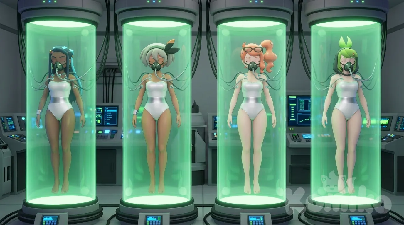 @Nessa_(Pokemon), @Bea_(Pokemon), @Sonia_(Pokemon), @Melony_(Pokemon), white leotard, strapless leotard, silver waist, laboratory, machine, machinery, in container, stasis tanks, in green liquid, floating, suspended, black oxygen mask, tube from top of stasis tank, electrodes, cable from top of stasis tank, closed eyes, sleeping, bubble, air bubble, full body, [3d-anime-style]