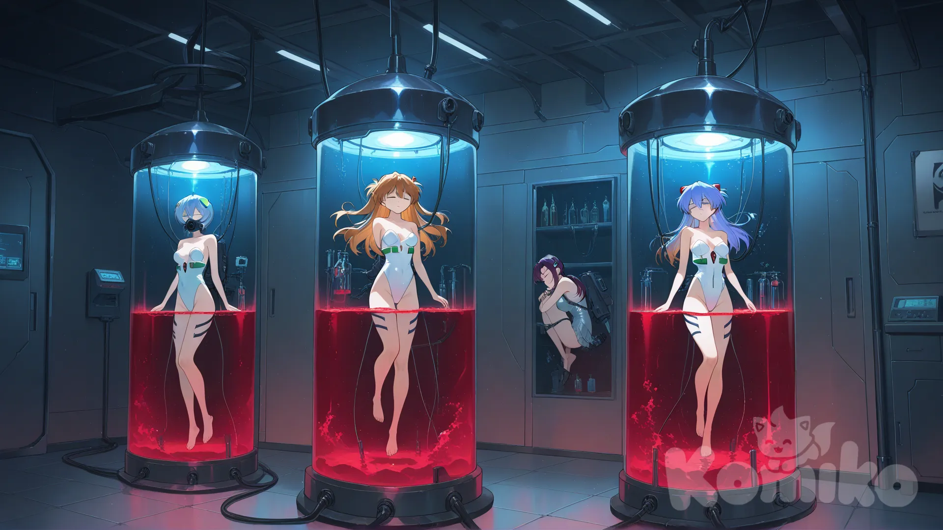 Ayanami Rei, Souryuu Asuka Langley, Makinami Mari Illustrious, Katsuragi Misato, white leotard, strapless leotard, silver waist, barefoot, laboratory, machine, machinery, in container, stasis tanks, in red liquid, floating, suspended, black oxygen mask, hose from top of inside of stasis tank connected to front of oxygen mask, electrodes, cables from top of inside of stasis tank connected to electrodes, closed eyes, sleeping, full body