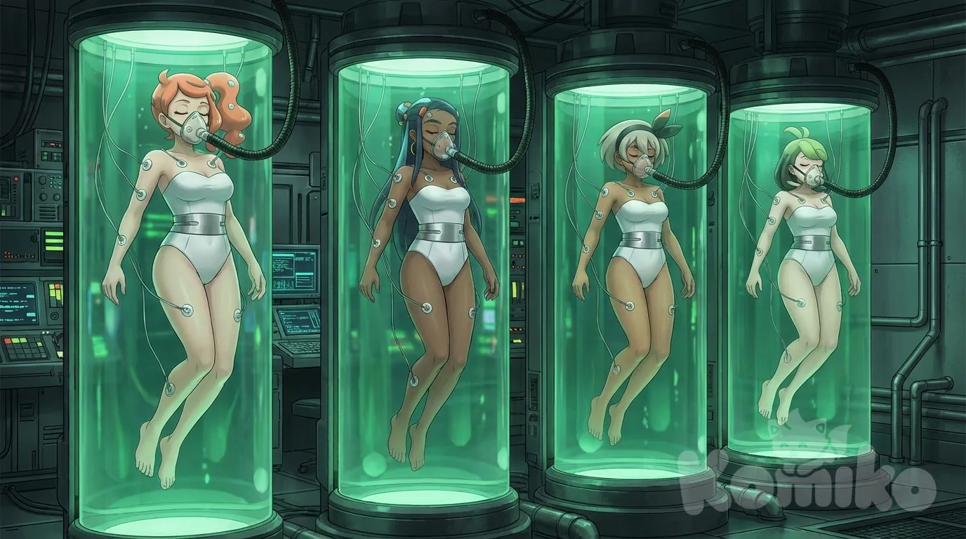 @Sonia_(Pokemon), @Nessa_(Pokemon), @Bea_(Pokemon), @Melony_(Pokemon), white leotard, strapless leotard, silver waist, barefoot, laboratory, machine, machinery, in container, stasis tanks, submerged in green liquid, floating, suspended, oxygen mask, no visible mouth, no visible nose, hose connected to front of oxygen mask from top of stasis tank, electrodes (on forehead, chest, arms, and legs), cables connected to electrodes from top of stasis tank, closed eyes, sleeping, full body, right angle