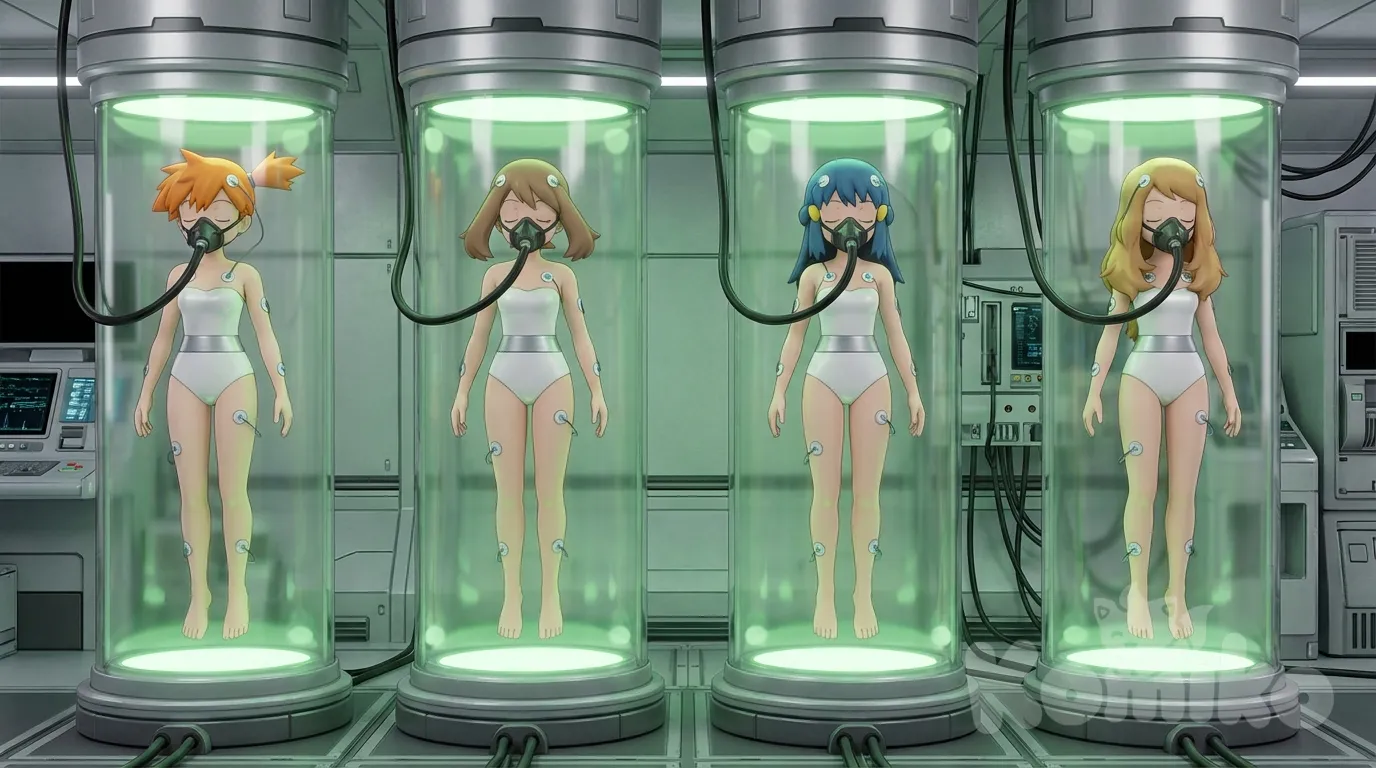 [3d-anime-style], @Misty_(Pokemon), @May_(Pokemon), @Dawn_(Pokemon), @Serena_(Pokemon), white leotard, strapless leotard, silver waist, barefoot, laboratory, machine, machinery, in container, stasis tanks, submerged in green liquid, floating, suspended, black oxygen mask, hose connected to front of oxygen mask, electrodes (on forehead, chest, arms, legs), closed eyes, sleeping, straight hair, full body, right angle