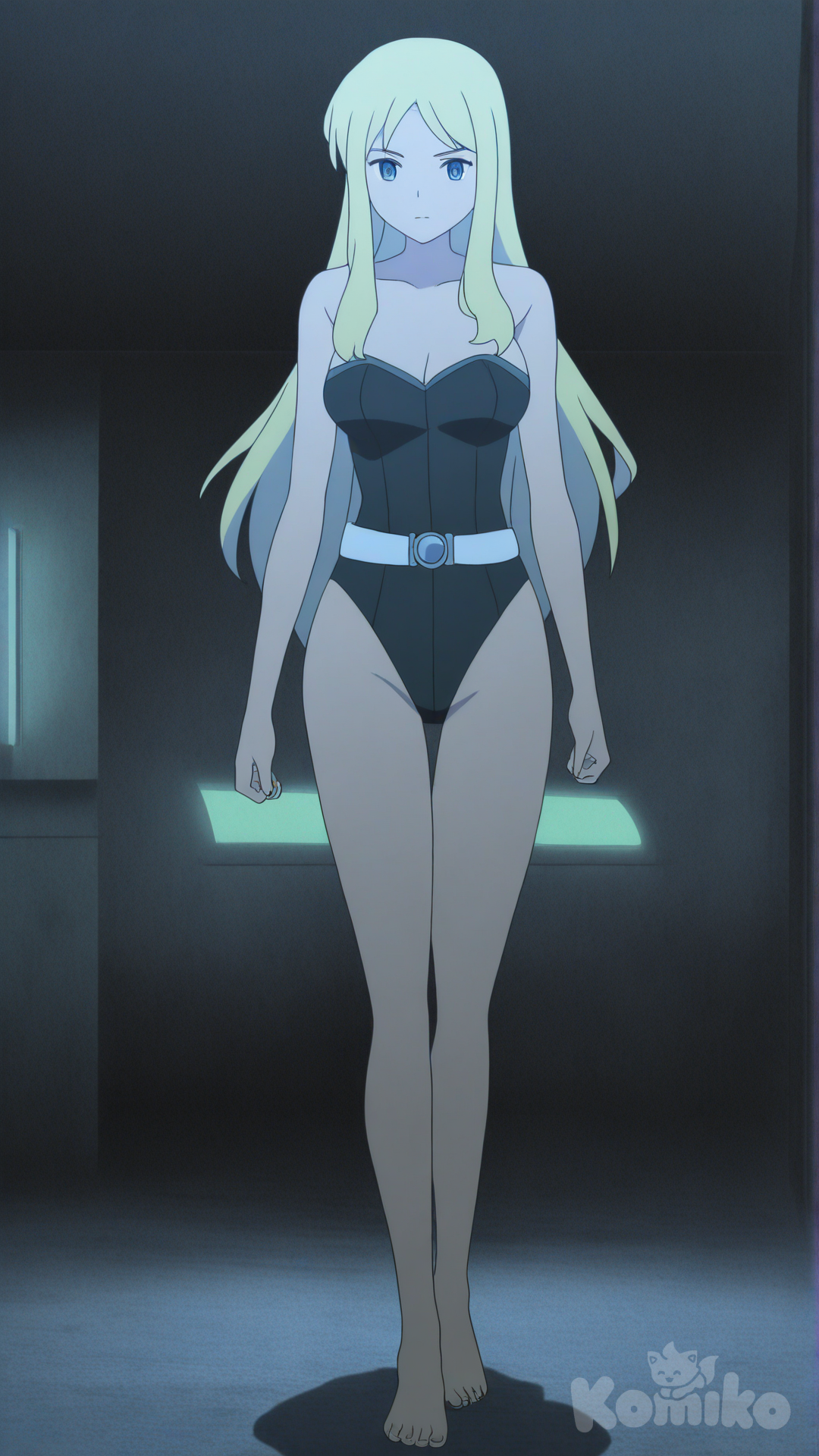 @Celes_Chere, [flat-anime-style], anime screencap, white leotard, strapless leotard, white belt, white buckle, barefoot, laboratory, machine, machinery, arms at sides, legs together, full body, right angle