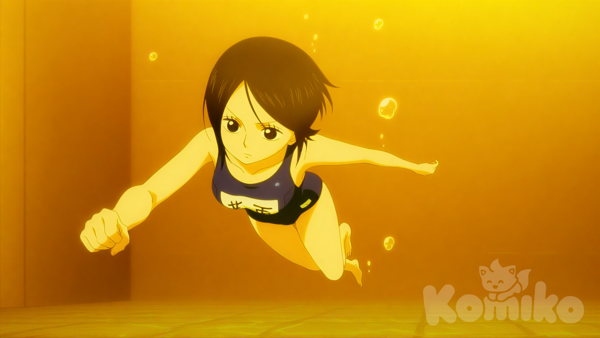 Ikusaba_Mukuro, [pop-anime-style], blue one-piece swimsuit, competition school swimsuit, name tag, swimming, underwater, tiled wall, tiled floor