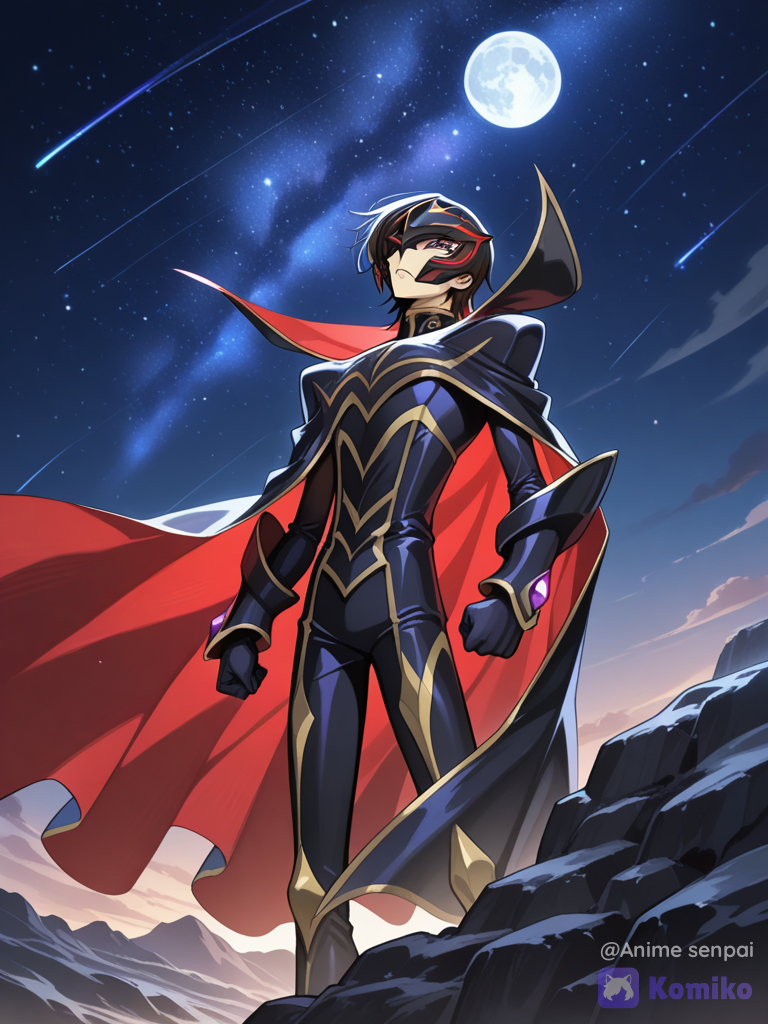 Lelouch Lamperouge wearing Zero's mask, standing beneath a starry night sky, emotional and triumphant atmosphere, cinematic anime illustration, highly .