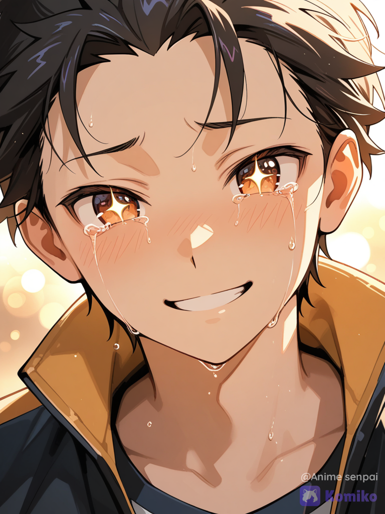 Subaru Natsuki smiling with tears in his eyes after finally saving everyone, emotional atmosphere, beautiful anime artwork, cinematic lighting, highly quality.