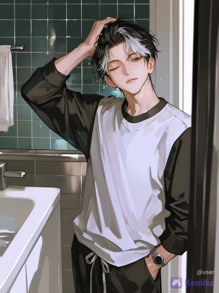 @mark-CC5h, [high-contrast-manhwa-style]， 睡袍，擦头发，小水珠，浴室，一只眼闭上。银色发丝挑染，湿发, depth of field, ambient light, side light, upper body, head tilt