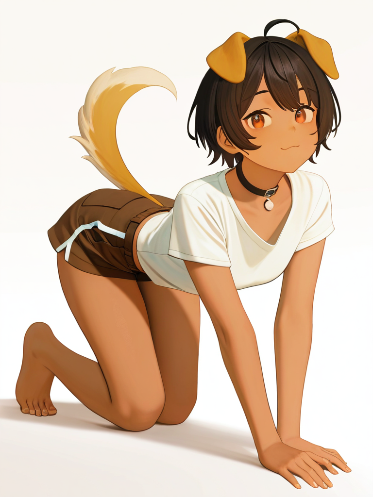 1girl, brown_skin, on_all_fours, dog_head, white_shirt, brown_shorts, single character, full body, looking at viewer, anime style, simple background, white background