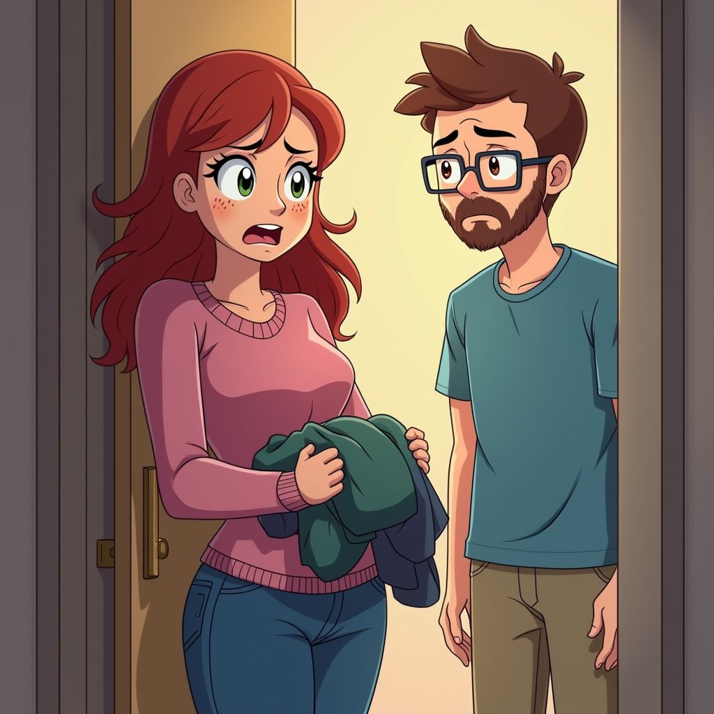 Character 0 is Clingy Claire, description: A 25-year-old woman with long, wavy red hair. She has green eyes and freckles. Wearing a tight pink sweater and blue jeans. Has a possessive and anxious expression..
Character 1 is Suffocated Sam, description: A 27-year-old man with short brown hair and a scruffy beard. He has brown eyes and wears glasses. Dressed in a blue t-shirt and khaki pants. Looks increasingly uncomfortable and stressed..
Clingy Claire standing by the front door of their apartment. She's holding a handful of Sam's clothes. Suffocated Sam is in the background, looking shocked and confused, anime style with soft pastel color and soft lighting
