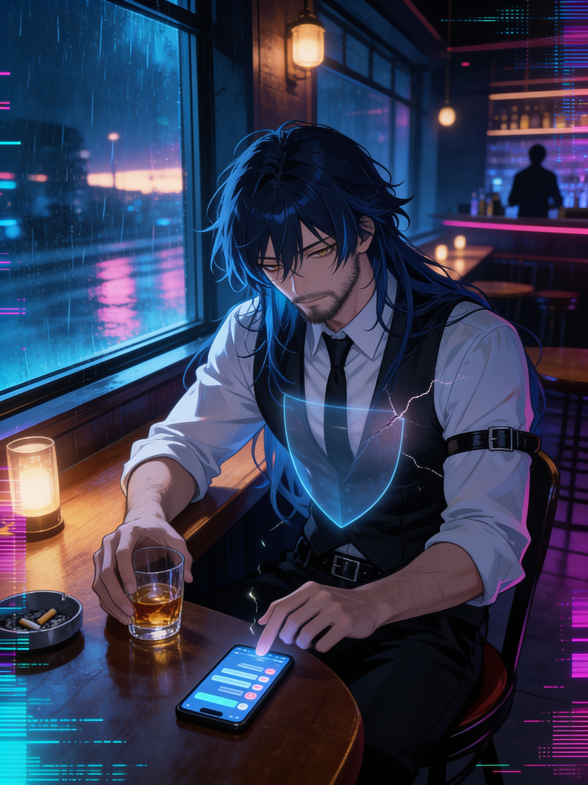anime style, @andres-kpHe, sitting alone at the counter of a quiet bar late at night, slightly unshaven with a few days of beard growth, messy hair, wrinkled casual clothes, tired eyes and a melancholic expression, loosely holding a glass of whiskey, several extinguished cigarettes in an ashtray nearby, dim warm lights reflecting on polished wood, rain softly falling outside the windows, almost empty bar with only a faint bartender silhouette in the distance, a smartphone resting face-up on the table with notifications visible, Andres looking at it with hesitation, his hand close to the phone as if he wants to grab it but deliberately resisting, subtle cracks of light surrounding him representing invisible emotional scars, a faint translucent shield around his chest symbolizing emotional barriers, atmosphere of loneliness, overthinking and regret, no tears, no dramatic pose, just quiet suffering and introspection, deep blue and amber tones, cinematic lighting, peaceful but sad mood, highly emotional storytelling, realistic lighting, 8k, with a faint light of dawn entering through the window symbolizing hope and healing, [cyberpunk-style]