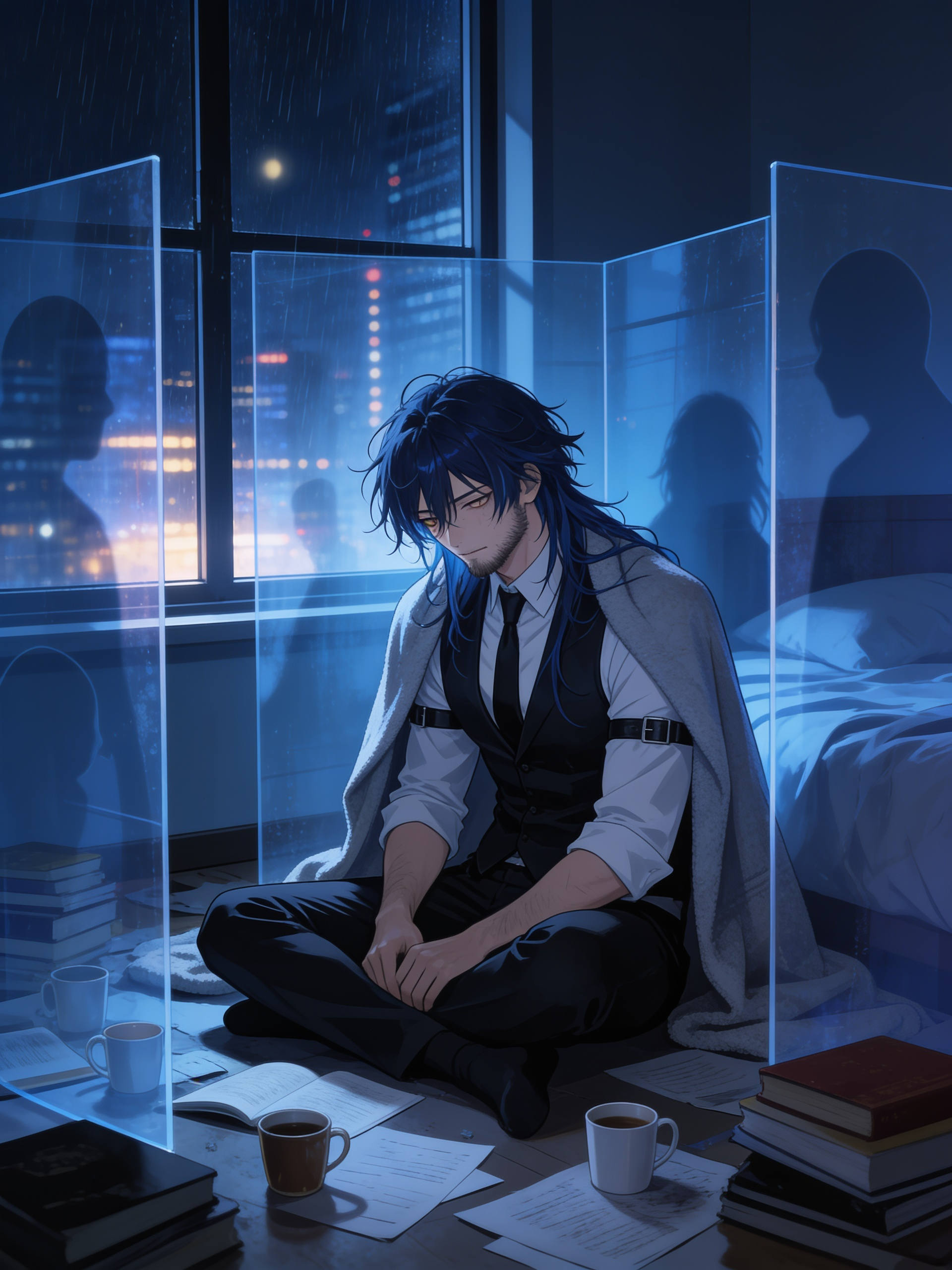 anime style, @andres-kpHe male OC, sitting on the floor of a messy bedroom at 3 AM, messy hair, several days of beard growth, blanket around his shoulders, empty coffee cups, books and papers scattered everywhere, rain sounds outside, city lights entering through the window, tired eyes staring into nothingness, surrounded by shadows and symbolic transparent walls representing emotional isolation, peaceful but sad atmosphere, cinematic blue lighting, highly emotional storytelling, 8k
