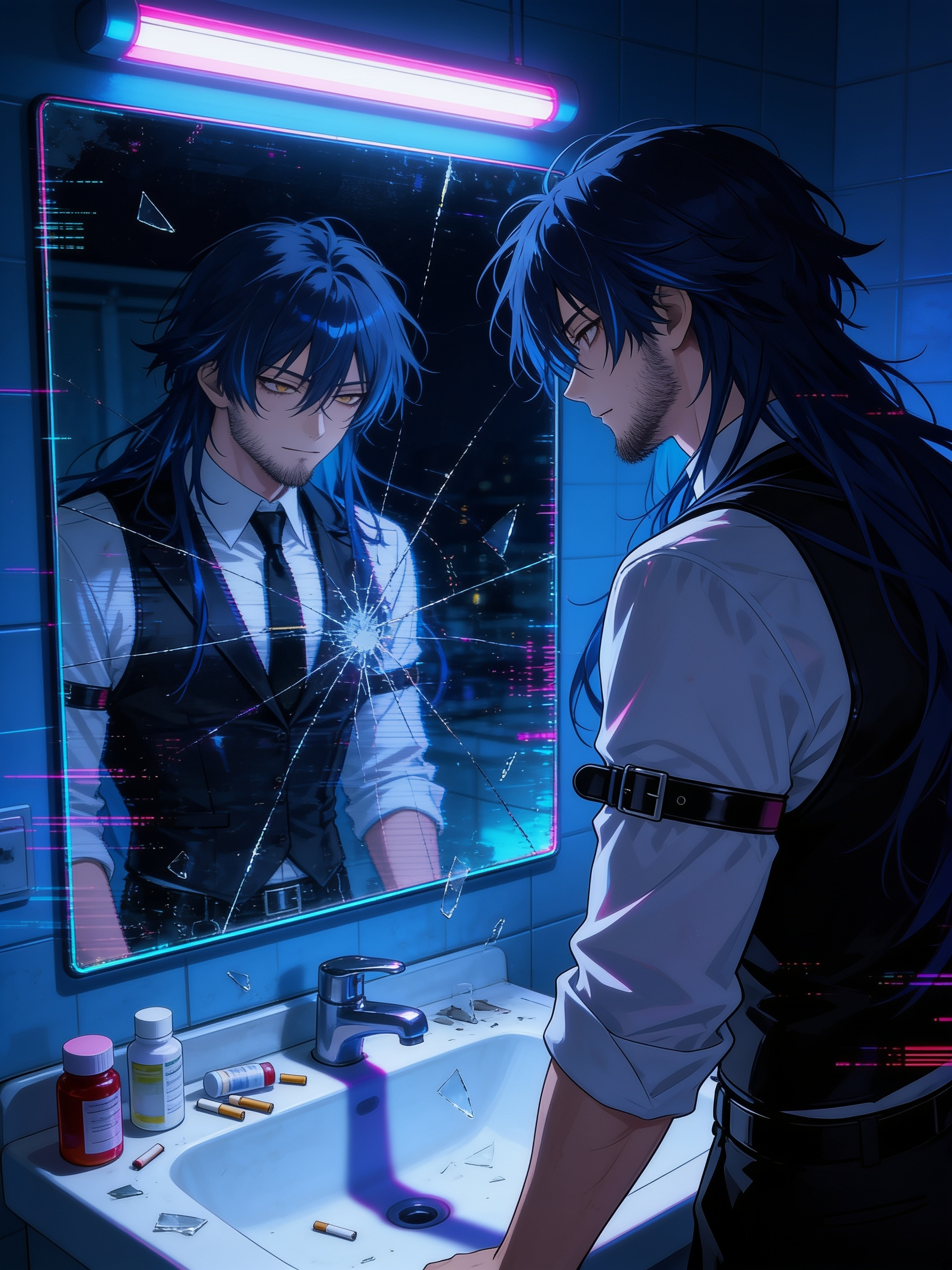 anime style, @andres-kpHe male OC standing in front of a bathroom mirror at night, messy hair, tired eyes, unshaven beard, looking at his own reflection with disappointment, mirror slightly cracked, dim light above him, sink cluttered with medicine bottles and cigarettes, reflection looking more exhausted than reality, symbolic broken glass representing self-inflicted emotional scars, deep blue tones, cinematic lighting, highly emotional storytelling, 8k, [cyberpunk-style]